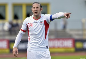 Iran's midfielder Andranik Teymourian gestures during the friendly football match Iran vs Belarus in preparation for the FIFA World Cup 2014 on May 18, 2014 in Kapfenberg, Austria. AFP PHOTO / SAMUEL KUBANI (Photo credit should read SAMUEL KUBANI/AFP/Getty Images)